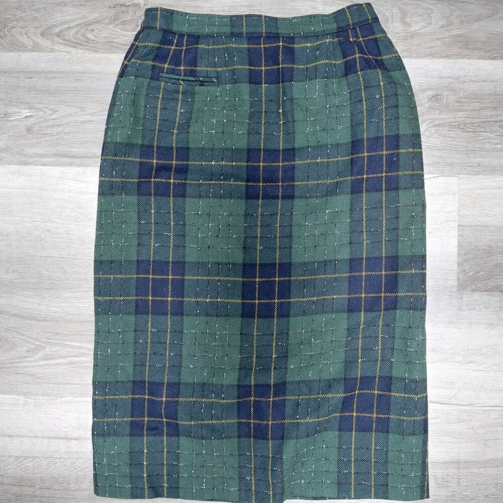Green Blue Yellow Plaid Vintage Wool Skirt Size 10